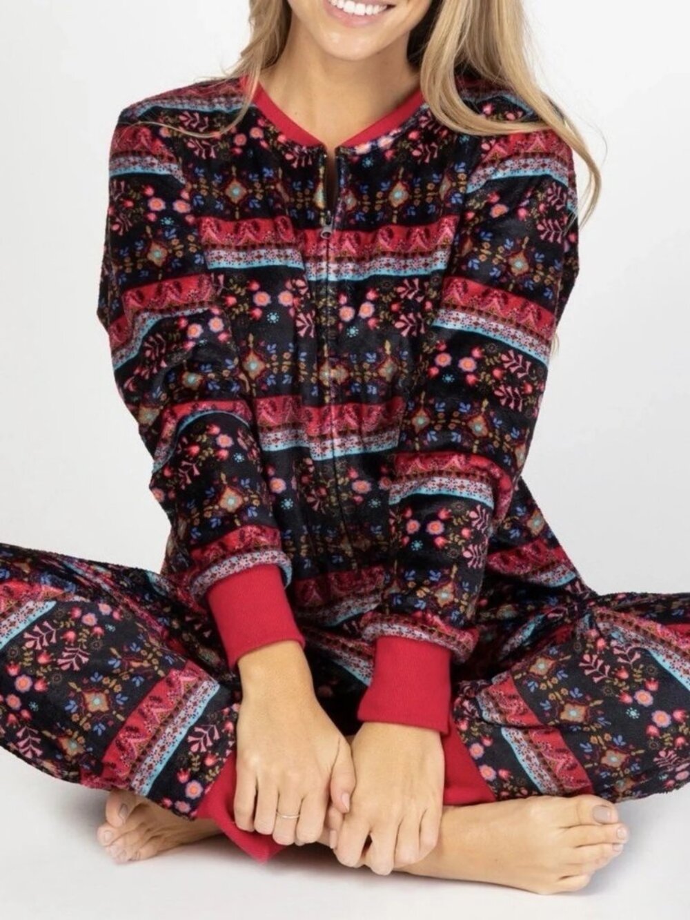 Natural Life Women’s Floral Boho One Piece Fleece Pajama Jumpsuit Cozy Lounge S